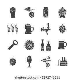 Beer glyph icon set. Vector collection symbol with mug of beer, hop cone, barley ear,  barrel, opener, bottle, rye. Editable stroke.