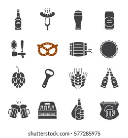 Beer glyph icons set. Bar and pub silhouette symbols. Foamy beer glass, bottle, can, mug, keg, crate, tap, cap, bottle opener, sausage on fork, pretzel. Vector isolated illustration