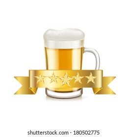 beer and golden ribbon isolated on white