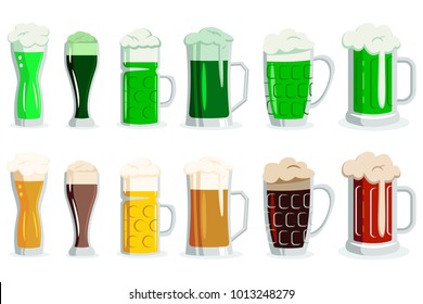 Beer and green ale in glasses of different types. Vector cartoon icons of alcoholic drink in cups and mugs isolated on white background.