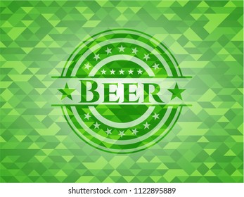 Beer green emblem with triangle mosaic background