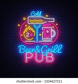 Beer Grill neon sign vector design template. Beer Night neon logo, light banner design element colorful modern design trend, night bright advertising, bright sign. Vector illustration