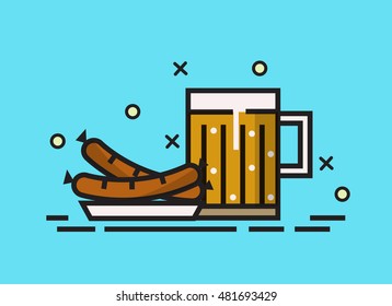 Beer, and grilled sausages. flat line design elements. vector illustration