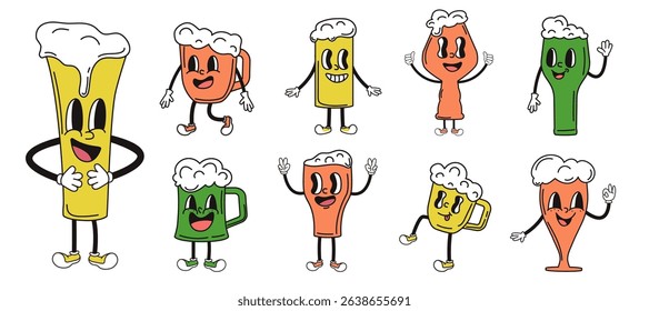 Beer groovy characters. Positive glasses, cups and mugs with foamy drinks. Unusual character, funny bar beverages retro style, nowaday vector set