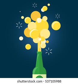 beer gushing from bottle on blue background. flat design.