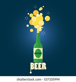 beer gushing from bottle with text on blue background. flat design.