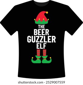 O Elfo Beer Guzzler Natal T-Shirt Design Combinando Família Natal Elfo Gráfico de Natal