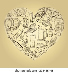 beer hand drawing arranged in heart shape background vector