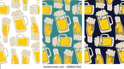 Beer hand drawn doodle pattern background. Beer mug glass - template for menu, cafe, restaurant.