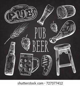 Beer Hand Drawn Menu, Poster, Banner on Chalkboard. Pub Sketch Style Doodle. Vector illustration