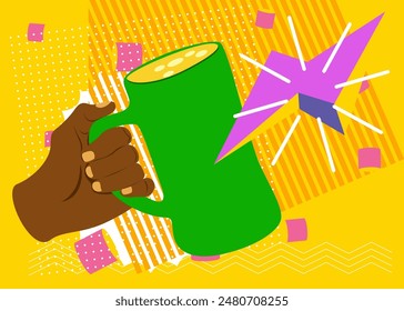 Beer in hand geometrical graphic retro theme background. Minimal geometric elements. Vintage abstract shapes vector illustration.