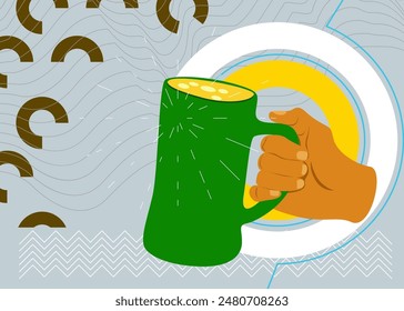 Beer in hand geometrical graphic retro theme background. Minimal geometric elements. Vintage abstract shapes vector illustration.