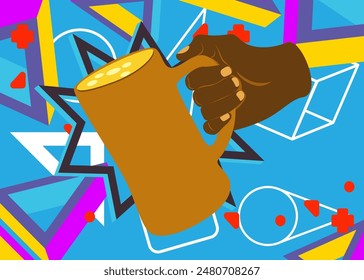 Beer in hand geometrical graphic retro theme background. Minimal geometric elements. Vintage abstract shapes vector illustration.