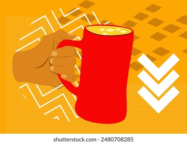 Beer in hand geometrical graphic retro theme background. Minimal geometric elements. Vintage abstract shapes vector illustration.