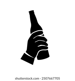 Beer in hand icon. Isolated black silhouette on background. Man holding pictogram bottle without label. Vector illustration flat design. 