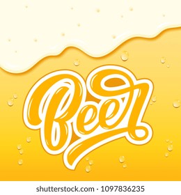 Beer hand lettering, custom typography, cartoon letters on liquid background. Vector type illustration.