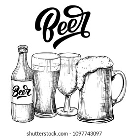 Beer hand lettering, vintage brush typography, with hand-drawn sketch isolated on white background. Vector illustration.