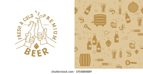Beer in hand, people clink glasses of beer in bottles. Beer logo and seamless pattern with beer icons