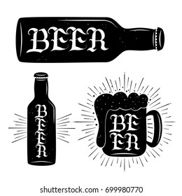 Beer hand written lettering on beer bottle and mug. Inspirational typography posters. Isolated on background. Vector illustration.