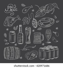 Beer hand-drawn doodle collection. Black and white Vector illustrations of beer and snacks. Icons for restaurants, menus, logos, web and print.