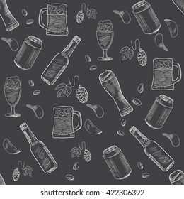 Beer hand-drawn doodle collection seamless pattern. Black and white vector illustrations of beer and snacks. Pattern for restaurants, menus, logos, web and print.