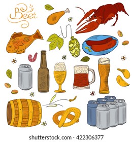 Beer hand-drawn sketchy doodle collection. Colorful Vector illustrations of beer and snacks on white background. Icons for restaurants, menus, logos, web and print.