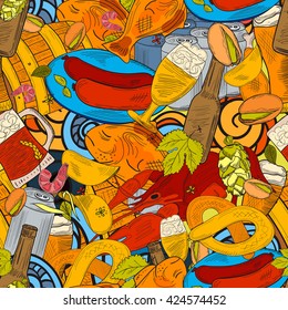 Beer hand-drawn sketchy doodle collection seamless pattern. Vector illustration of beer and snacks. Pattern for restaurants, menus, logos, web and print.