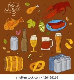 Beer hand-drawn sketchy doodle collection.Colorful Vector illustrations of beer and snacks on brown background. Icons for restaurants, menus, logos, web and print.