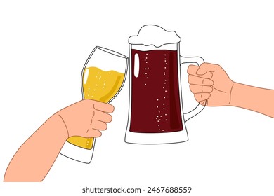 Beer hands cheers isolated on white background.