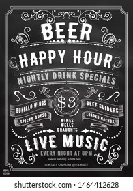 Beer happy hour chalkboard vintage invitation poster - vintage poster with retro ornament on chalkboard background. Design template with sample text for promoting your vintage events. 