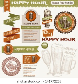 Beer Happy Hour Collection. Set of various design elements. Vintage beer illustration. Ribbon, banner, stamp, emblem, icon