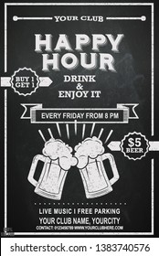 Beer Happy hour flyer design on chalkboard background. Design template with sample text for promoting your events.