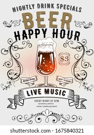 Beer happy hour vintage invitation poster - vintage poster with retro floral ornament, beer glass on white background. Design template with sample text for promoting your vintage events.