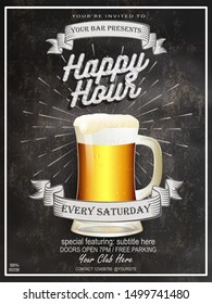 Beer Happy Hours flyer, banner or template design with beer glass on chalkboard background. Vintage concept background, art template, banner, card. Eps 10