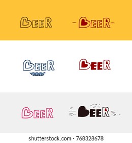 Beer with heart. Cute logo. Set.
