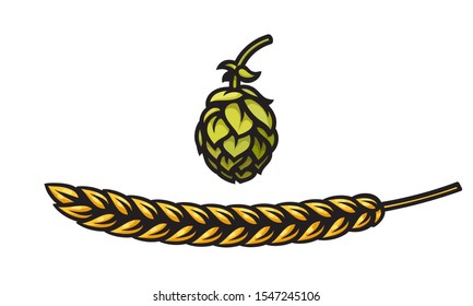 Beer hop cone and barley or wheat ear icons. Design element for beer prodaction, brewery, pub and bar. Hand drawn vector illustration isolated on white background.