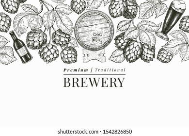 Beer and hop design template. Hand drawn vector brewery illustration. Engraved style. Retro brewing illustration.