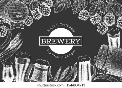 Beer and hop design template. Hand drawn vector brewery illustration on chalk board. Engraved style. Vintage brewing illustration.