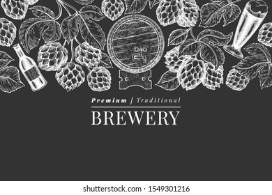 Beer and hop design template. Hand drawn vector brewery illustration on chalk board. Engraved style. Vintage brewing illustration.