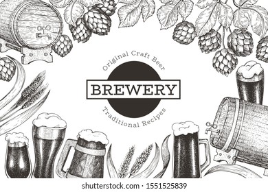 Beer and hop design template. Hand drawn vector brewery illustration. Engraved style. Retro brewing illustration.