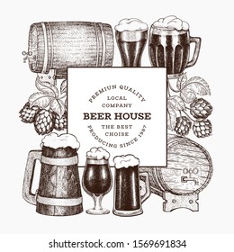 Beer and hop design template. Hand drawn vector brewery illustration. Engraved style. Vintage brewing illustration.