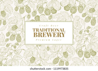 Beer hop design template. Retro beer background. Vector hand drawn hop illustration. Vintage style banner.