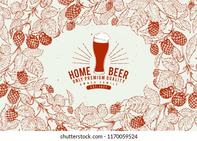 Beer hop design template. Retro beer background. Vector hand drawn hop illustration. Vintage style frame.