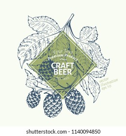 Beer hop logo template. Vector hand drawn hop illustration. Retro style design.