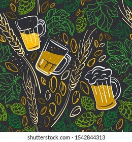 Beer, hop, mug. Vector color seamless pattern. Glass with drink, leaf and ears of wheat. Graphic sketch illustration on black background. Texture abstract print for brewery, bar
