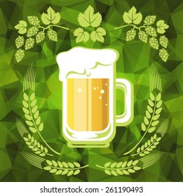 Beer and hop on a green polygonal background. EPS-10