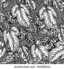 Beer hop seamless pattern. Engraved style illustration. Vintage beer hop background. Vector illustration