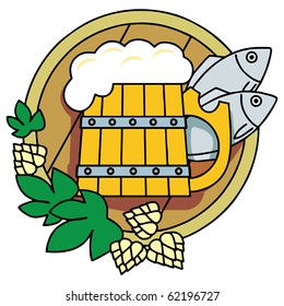Beer with hops, a barrel and fish.