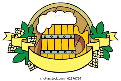 Beer with hops, a barrel and ribbon.