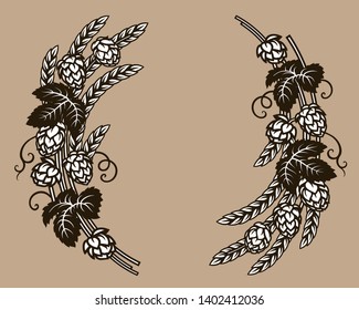 Beer hops branches with wheat barley ears, leaves and hop cones. Elements for brewery design,  beer production,  pub and bar decoration. Hand drawn vector illustration isolated on gold background. 